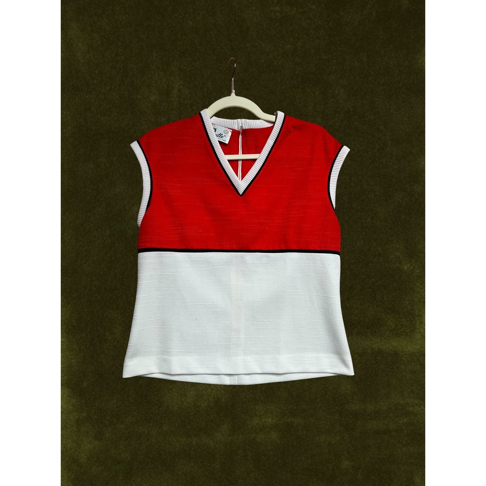 VTG 70s Butte Red White Colorblock Knit Shell Top V-Neck Sleeveless Talon Zip
